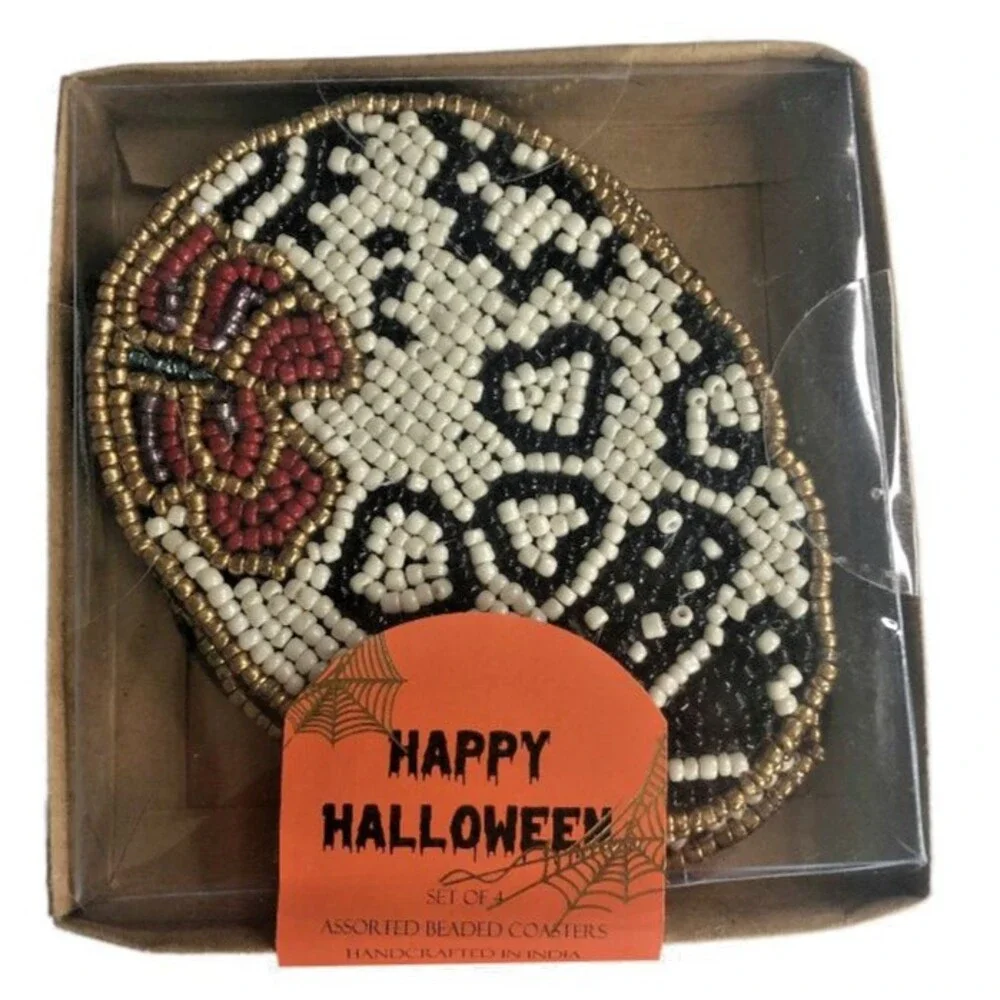 Halloween Skull Drink Coasters Set of 4 White Gold Beaded Satin Backed Gothic